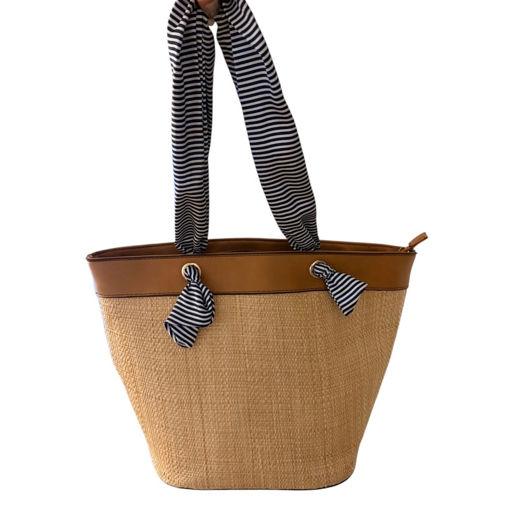 Straw Tote Bag Tan Blue White Striped Handles Large Beach Bag Summer Coastal - Picture 4 of 8